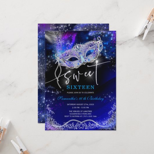 Invitation Royal Blue et Silver Sweet 16 Décorations (Devant/Arrière en situation)