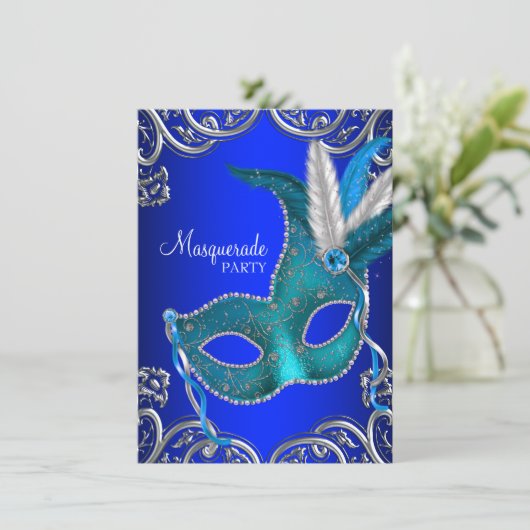 Invitation Royal Blue et Turquoise Blue Masquerade Party (Debout devant)