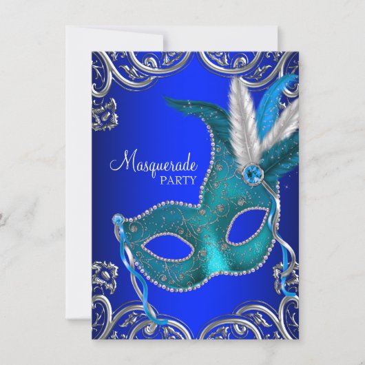 Invitation Royal Blue et Turquoise Blue Masquerade Party (Devant)