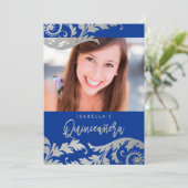 Invitation Royal Blue Faux Silver Swils Photo Quinceanera (Debout devant)