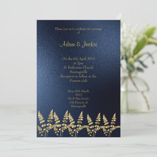 Invitation ROYAL BLUE feuille d'or ELEGANT CLASSING MARIAGE (Debout devant)
