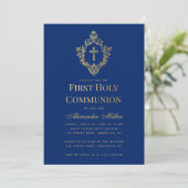 Invitation Royal Blue First Communion Faux Gold Cross Crest (Debout devant)
