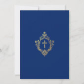 Invitation Royal Blue First Communion Faux Gold Cross Crest (Dos)