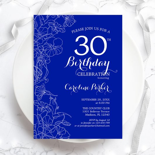 Invitation Royal Blue Floral 30e fête d'anniversaire