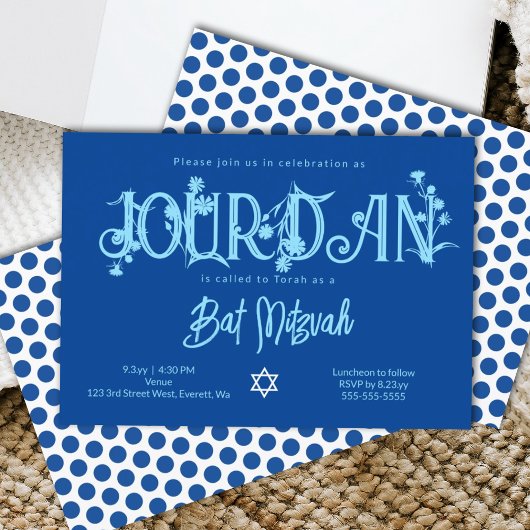 Invitation Royal Blue Floral Bat mitzvah, Pois