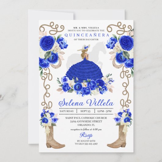Invitation Royal Blue Floral Boots Roses Charro Quinceañera (Devant)