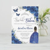 Invitation Royal Blue Floral Brown Princess Sweet 16 Annivers (Debout devant)