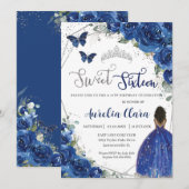 Invitation Royal Blue Floral Brown Princess Sweet 16 Annivers (Devant / Derrière)
