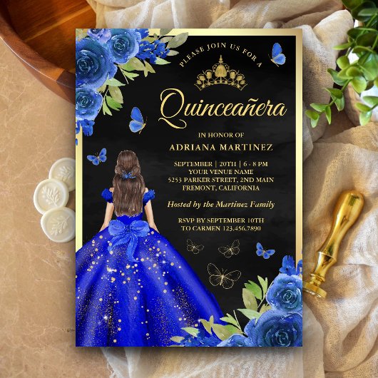 Invitation Royal Blue Floral Butterfly Black Gold Quinceanera