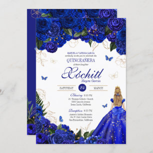 Invitation Royal Blue Floral Butterfly Elegant Quinceañera