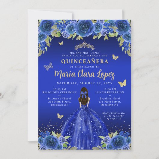 Invitation Royal Blue Floral Butterfly Princess Quinceanera (Devant)