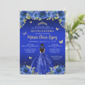 Invitation Royal Blue Floral Butterfly Princess Quinceanera (Debout devant)