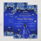 Invitation Royal Blue Floral Butterfly Princess Quinceanera (Devant / Derrière)