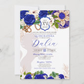Invitation Royal Blue Floral Crest Rose Charro Quinceañera (Devant)