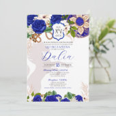 Invitation Royal Blue Floral Crest Rose Charro Quinceañera (Debout devant)