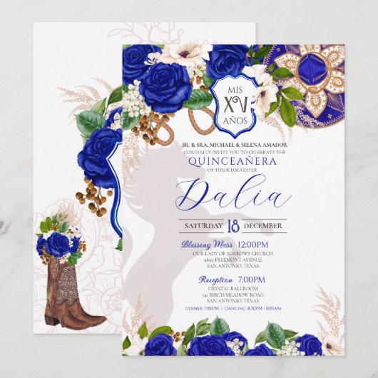 Invitation Royal Blue Floral Crest Rose Charro Quinceañera (Devant / Derrière)