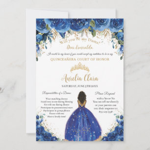 Invitation Royal Blue Floral Dama Demander Gold Quinceañera X