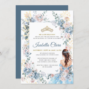 Invitation Royal Blue Floral Garden Quinceanera