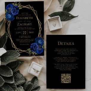Invitation Royal Blue Floral Gold Black QR Code Mariage