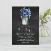 Invitation Royal Blue Floral Mason Jar QR Code Mariage noir (Debout devant)