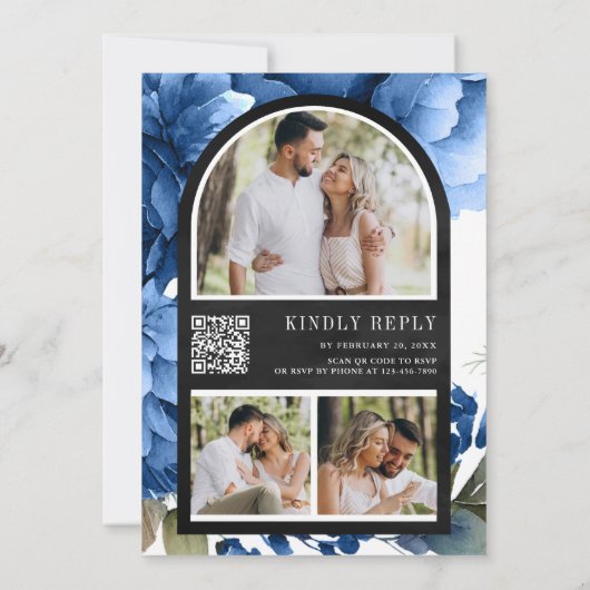 Invitation Royal Blue Floral Mason Jar QR Code Mariage noir (Dos)