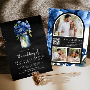 Invitation Royal Blue Floral Mason Jar QR Code Mariage noir