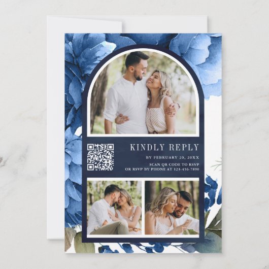 Invitation Royal Blue Floral Mason Jar QR Code Marine Mariage (Dos)