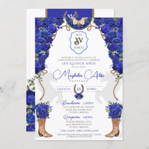 Invitation Royal Blue Floral Ouest Charro Quinceañera