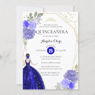 Invitation Royal Blue Floral Photo géométrique Quinceañera