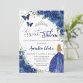 Invitation Royal Blue Floral Princess Sweet 16 Anniversaire (Debout devant)