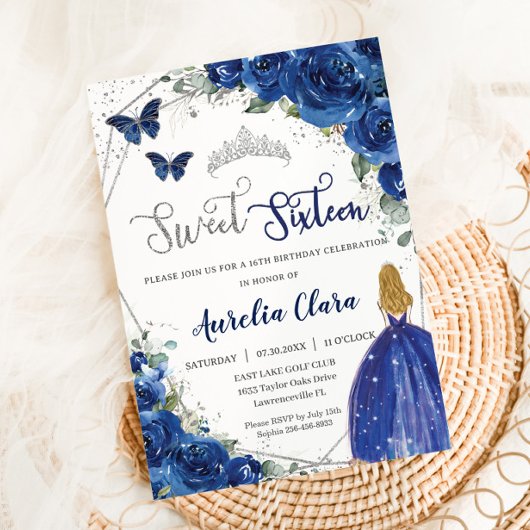 Invitation Royal Blue Floral Princess Sweet 16 Anniversaire