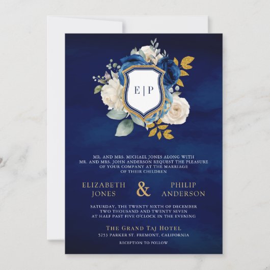 Invitation Royal Blue Floral QR Code Photo Crest Mariage (Devant)