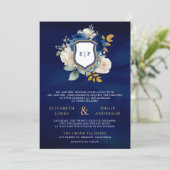 Invitation Royal Blue Floral QR Code Photo Crest Mariage (Debout devant)