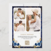 Invitation Royal Blue Floral QR Code Photo Crest Mariage (Dos)
