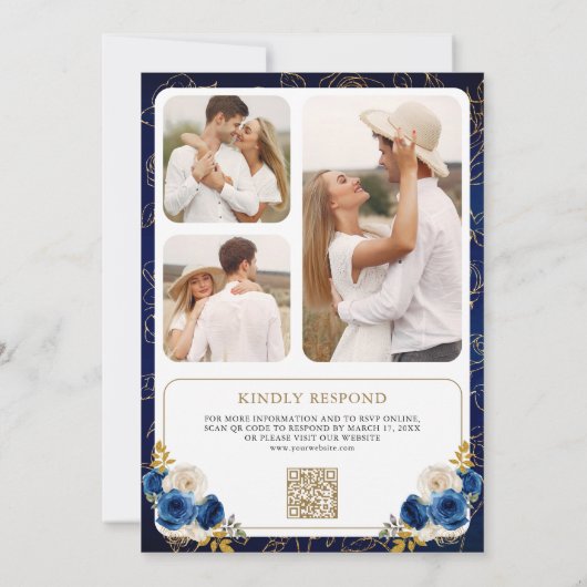 Invitation Royal Blue Floral QR Code Photo Crest Mariage (Dos)