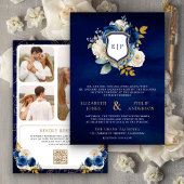 Invitation Royal Blue Floral QR Code Photo Crest Mariage