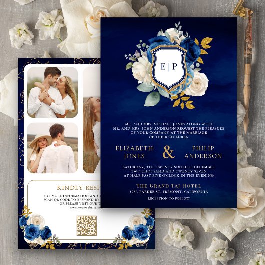 Invitation Royal Blue Floral QR Code Photo Crest Mariage