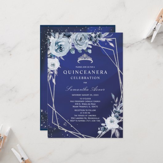 Invitation Royal Blue Floral Quinceañera (Devant/Arrière en situation)