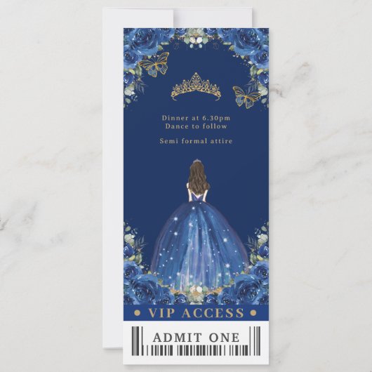 Invitation Royal Blue Floral Quinceañera Sweet 16 VIP Ticket (Dos)