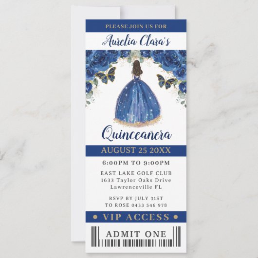 Invitation Royal Blue Floral Quinceañera Sweet 16 VIP Ticket (Devant)