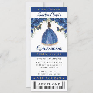 Invitation Royal Blue Floral Quinceañera Sweet 16 VIP Ticket