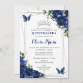 Invitation Royal Blue Floral Silver Quinceañera Papillons (Devant)