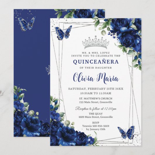 Invitation Royal Blue Floral Silver Quinceañera Papillons (Devant / Derrière)