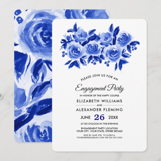 Invitation Royal Blue Floral Watercolor Party (Devant / Derrière)