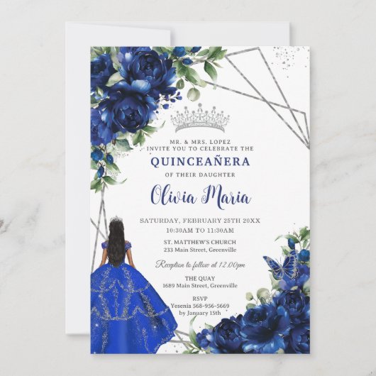 Invitation Royal Blue Flowers Princesse Silver Quinceañera (Devant)