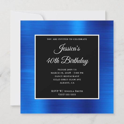 Invitation Royal Blue Foil noir et blanc 40e anniversaire (Devant)