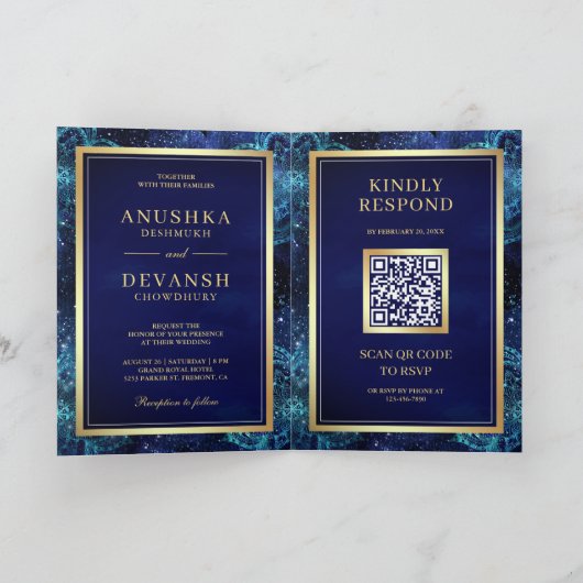 Invitation Royal Blue Galaxy Mandala QR Code Mariage indien (Intérieur)