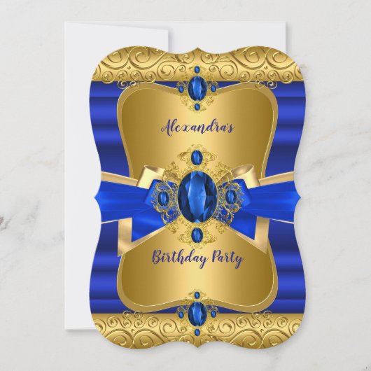 Invitation Royal Blue Gem Gold Bow fête d'anniversaire (Devant)