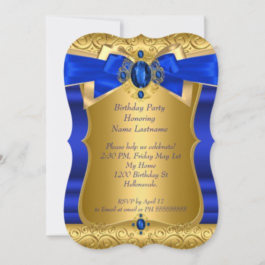 Invitation Royal Blue Gem Gold Bow fête d'anniversaire (Dos)