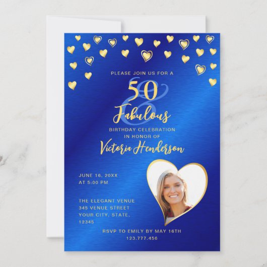 Invitation Royal Blue & Gold 50 et Fabuleux anniversaire (Devant)